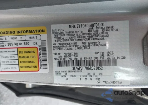 2016 Ford Fusion Se from USA, damaged, VIN 3FA6P0H78GR393852